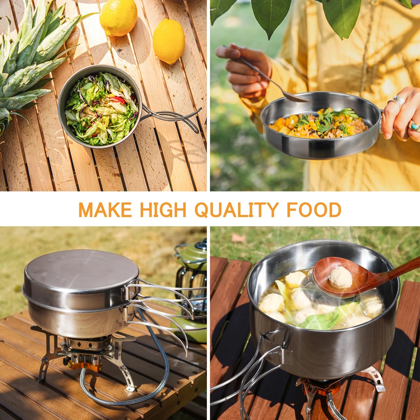 Outdoor Stainless-Steel Camping Cookware Set Cooking Picnic Bowl Pot Set