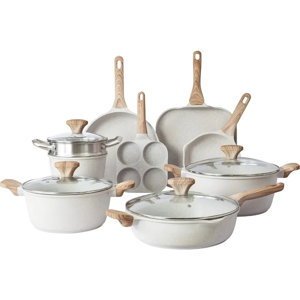 Cookware Sets Nonstick Cast Aluminum Pots and Pans with Glass Lids -Cream