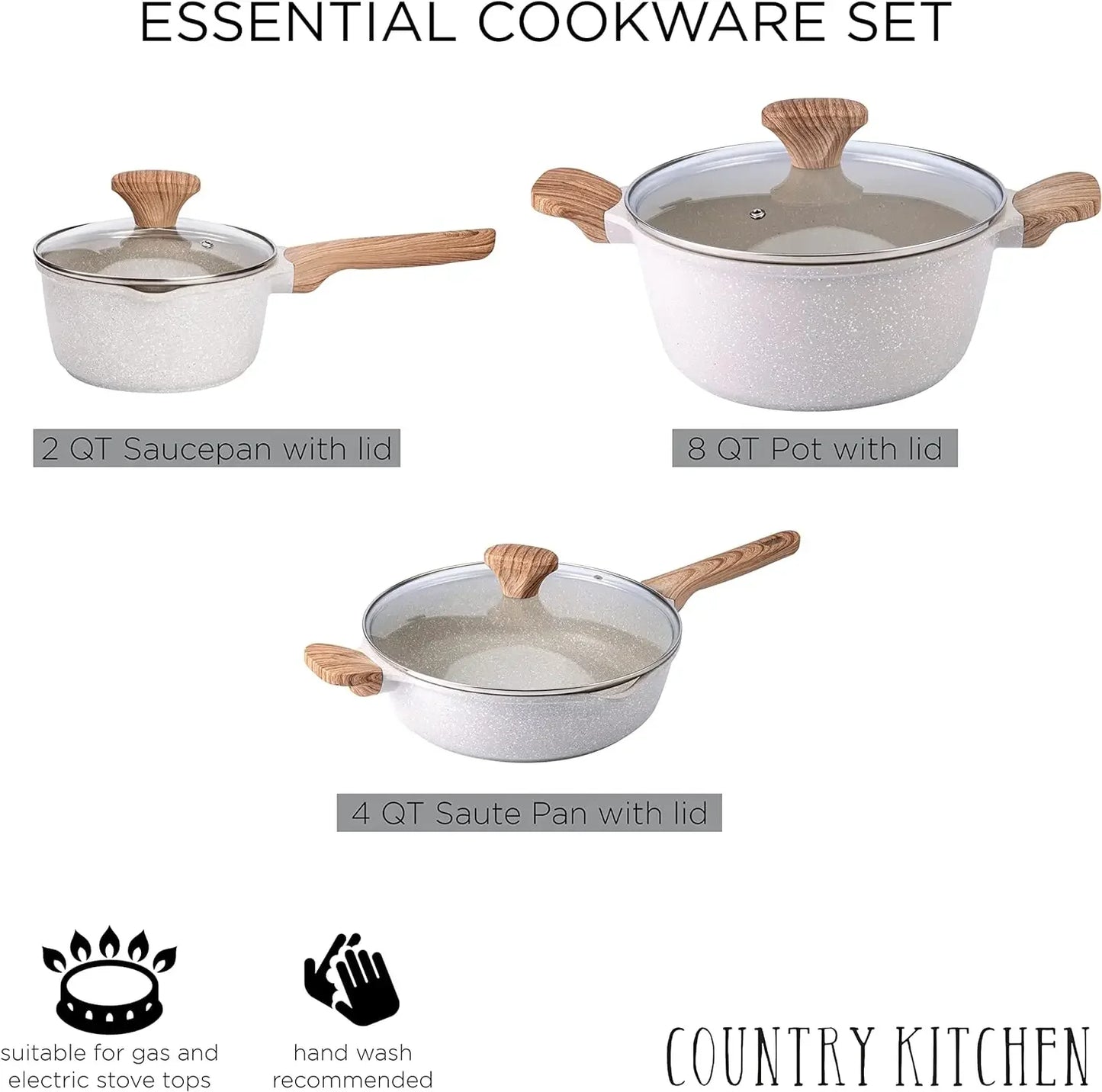 Cookware Sets Nonstick Cast Aluminum Pots and Pans with Glass Lids -Cream