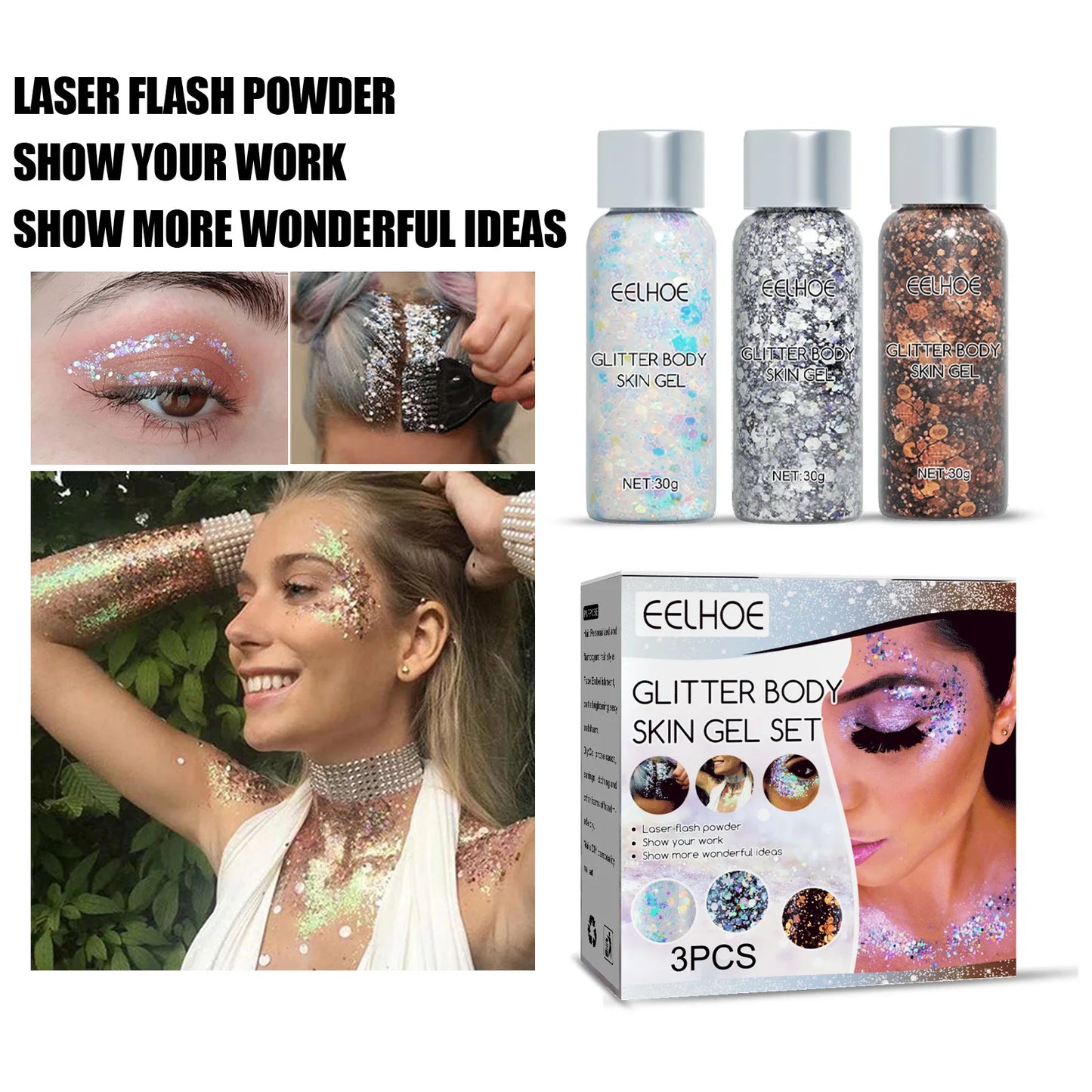 Body Glitter Gel Sequins Long Acting Face Eyes Hair Prom Party Mermaid