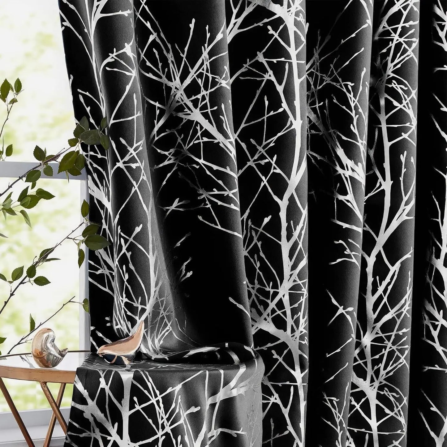 Blackout Curtains White Gold Tree for Living Room, 84 Inches Long Panels