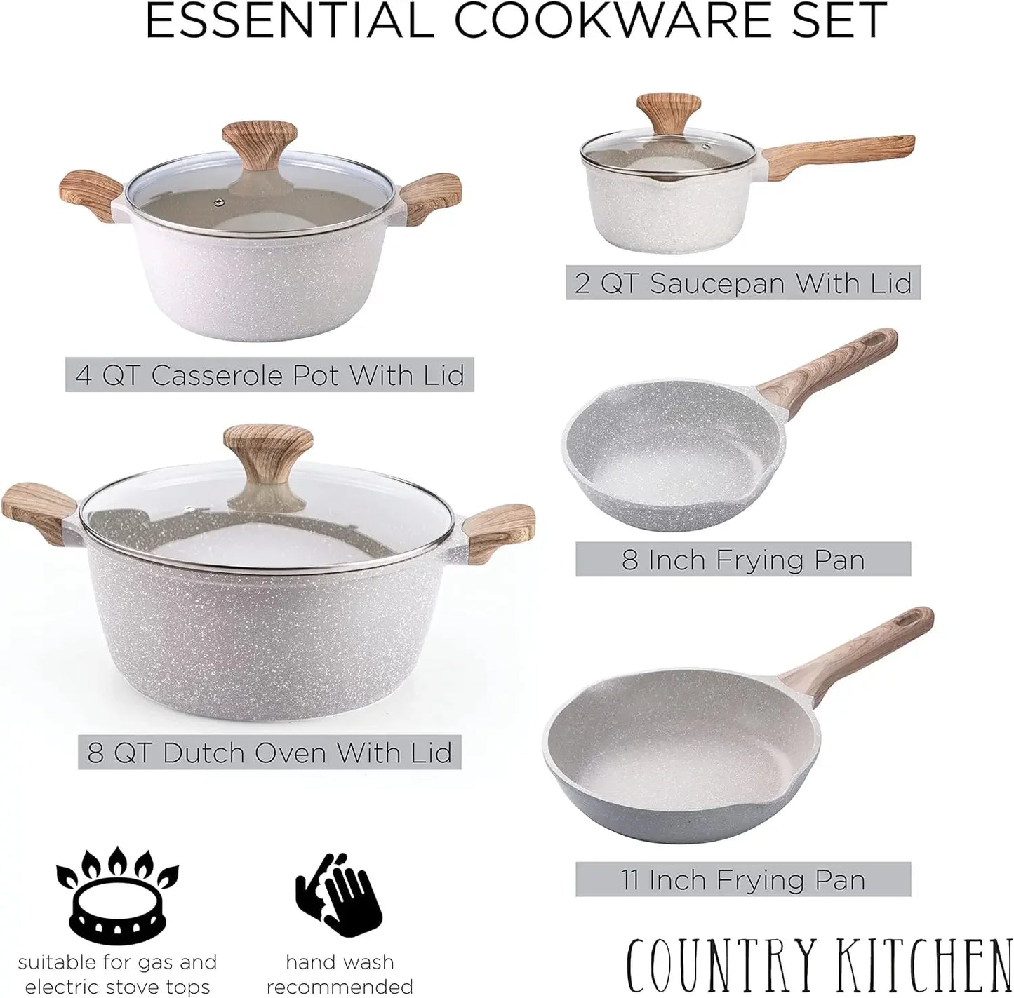Cookware Sets Nonstick Cast Aluminum Pots and Pans with Glass Lids -Cream