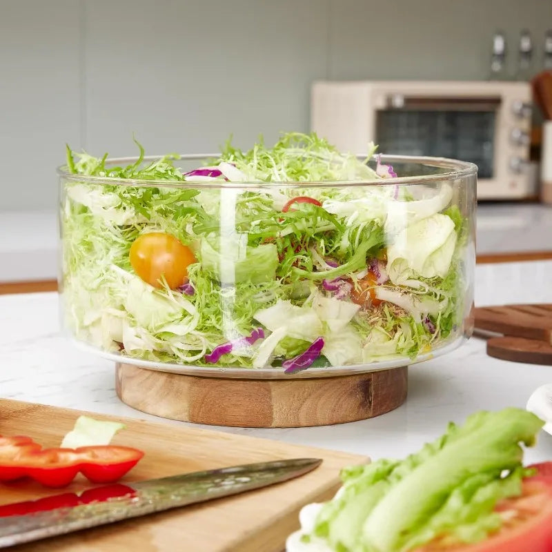 Large Salad Bowl Set, Glass Bowl with Acacia Wood Base and Salad Hands, Serving Bowls for Fruits,