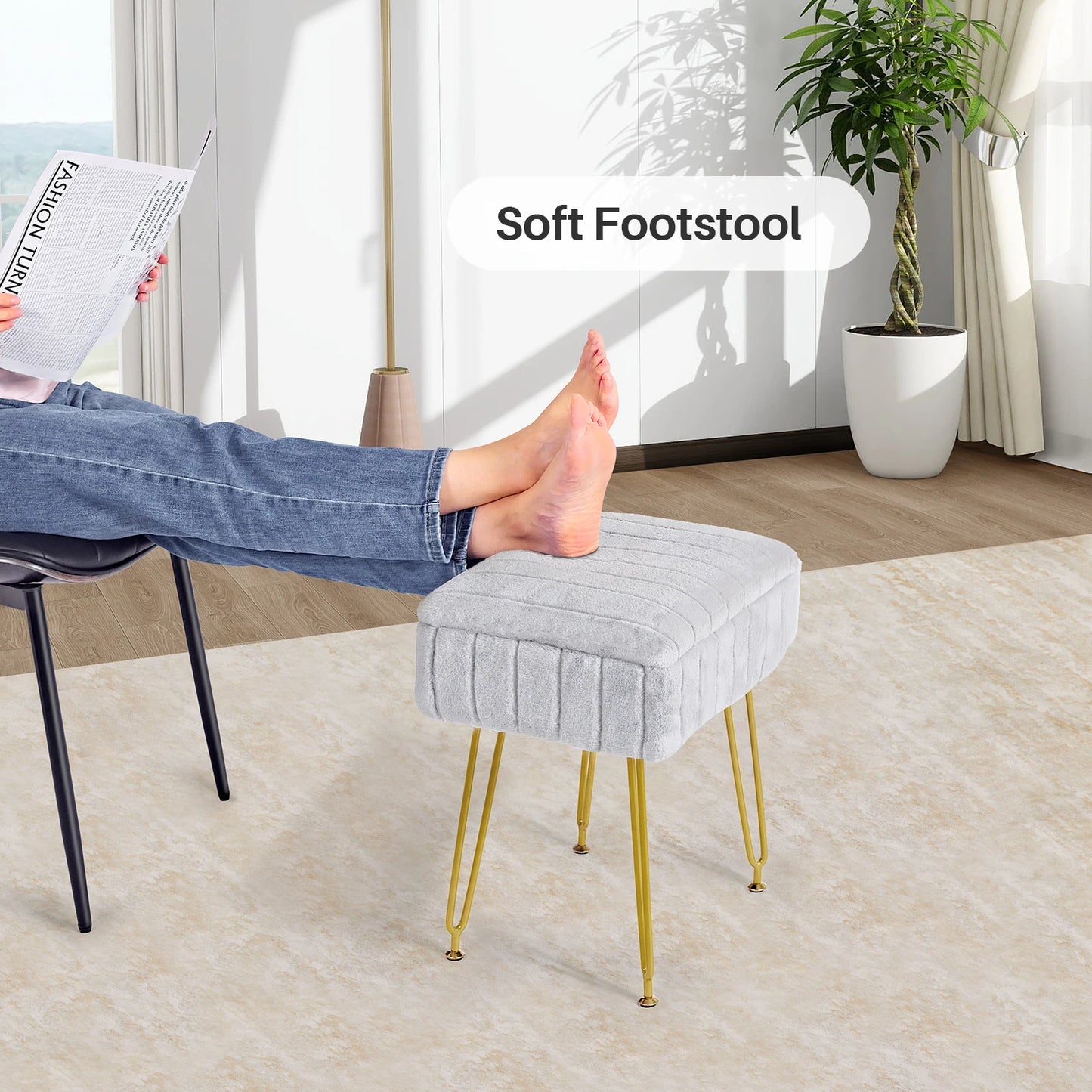 Vanity Stool Chair w/ Storage Ottoman, Feet for Makeup Bedroom