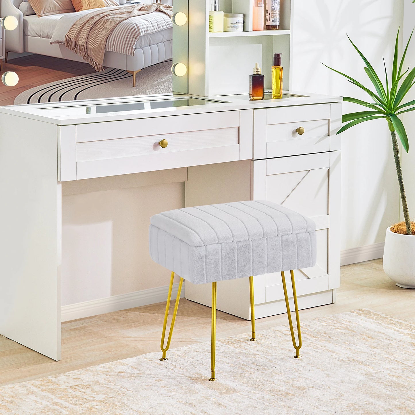 Vanity Stool Chair w/ Storage Ottoman, Feet for Makeup Bedroom