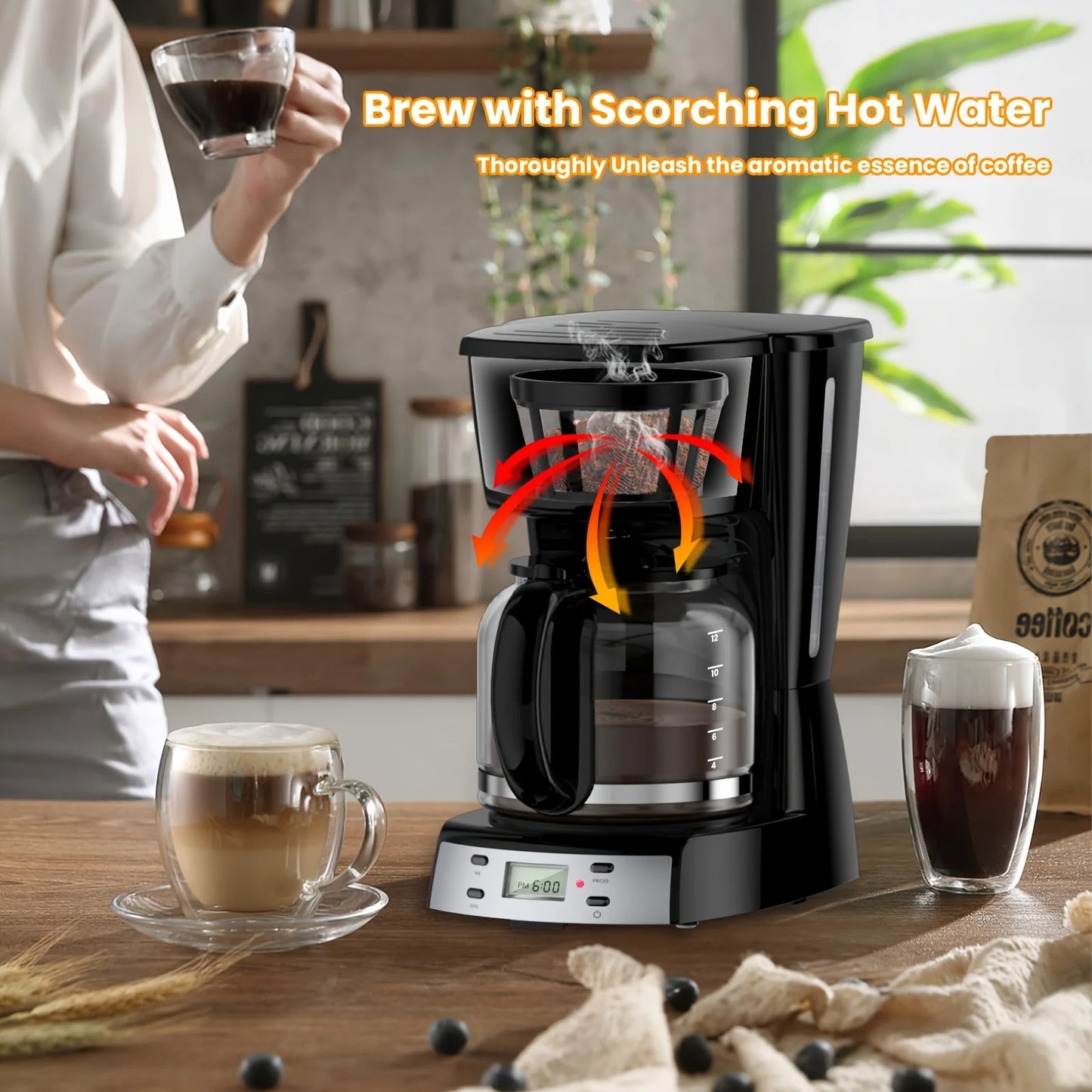 Drip Coffeemaker with Glass Carafe, Auto Shut off, for Home Black