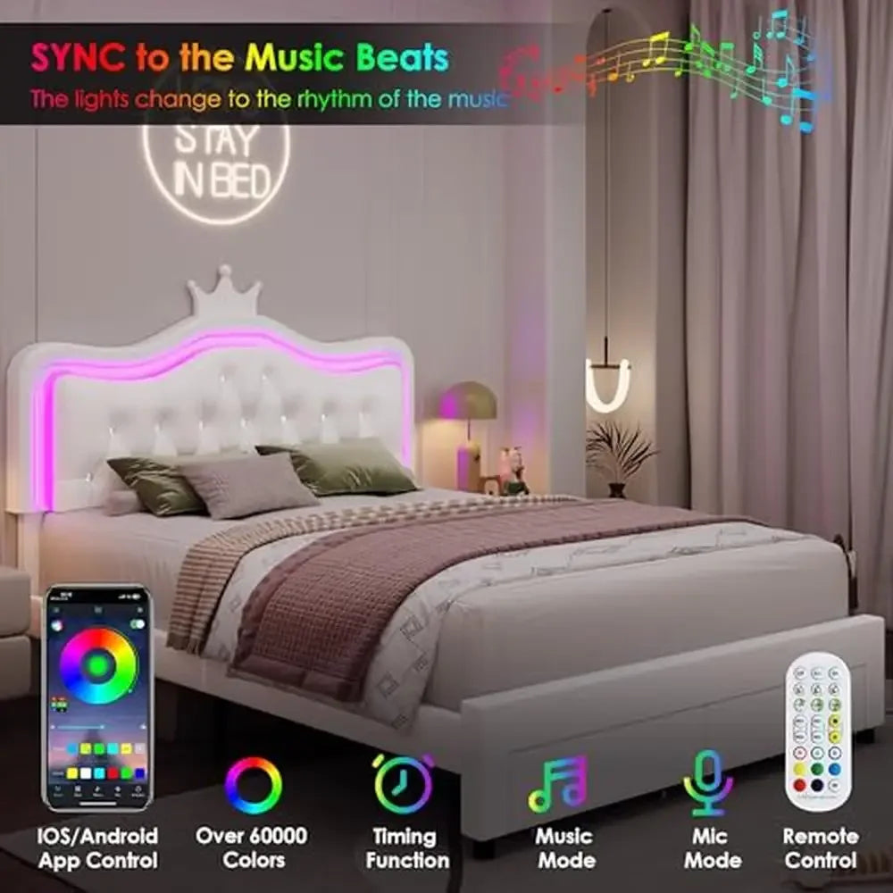 Queen Bed Frame with Storage Crown Crystal Button Tufted Princess Platform Modern White