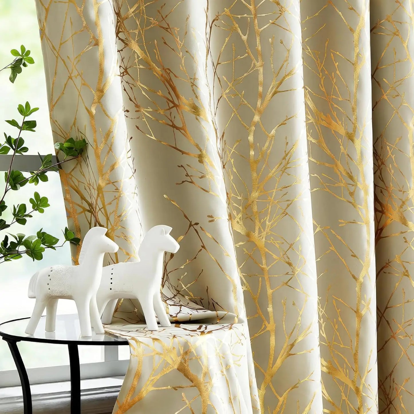 Blackout Curtains White Gold Tree for Living Room, 84 Inches Long Panels
