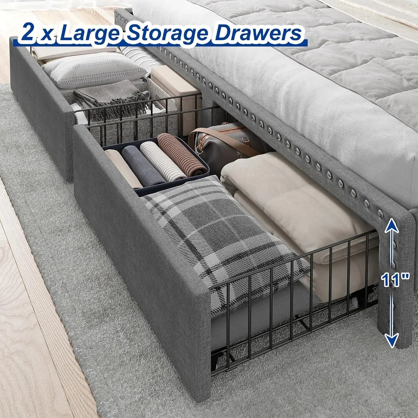 King Size Bed Frame with Storage and Headboard, with 2 Draw