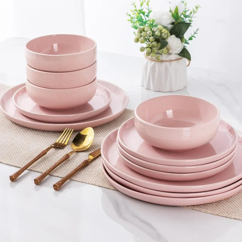 Dinnerware Speckled Glaze Plates and Bowls Sets, Handmade Chip and Scratch Resistant Stoneware