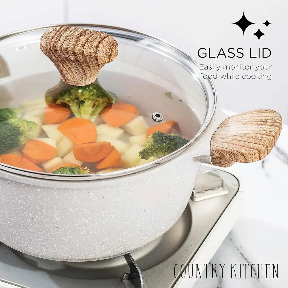Cookware Sets Nonstick Cast Aluminum Pots and Pans with Glass Lids -Cream