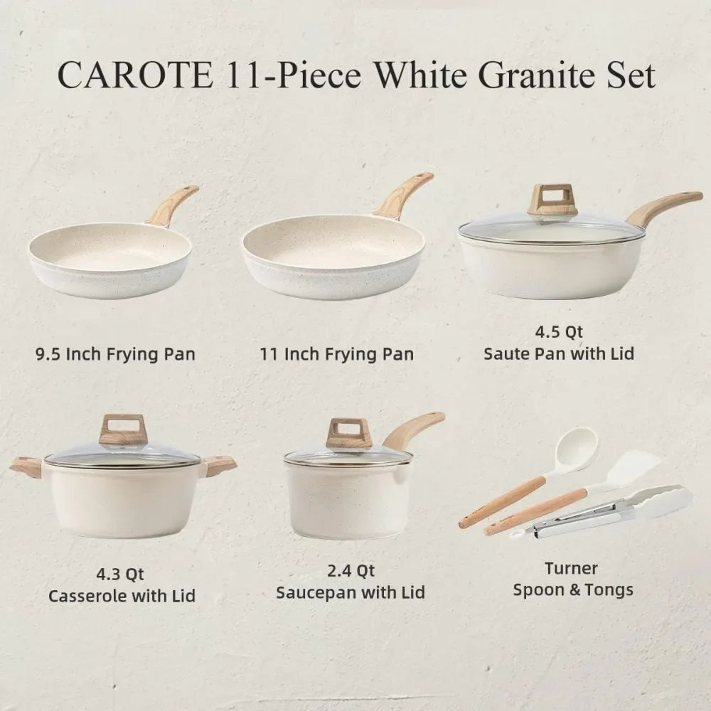 Pots and Pans Set Nonstick, White Granite Kitchen Cookware Sets.