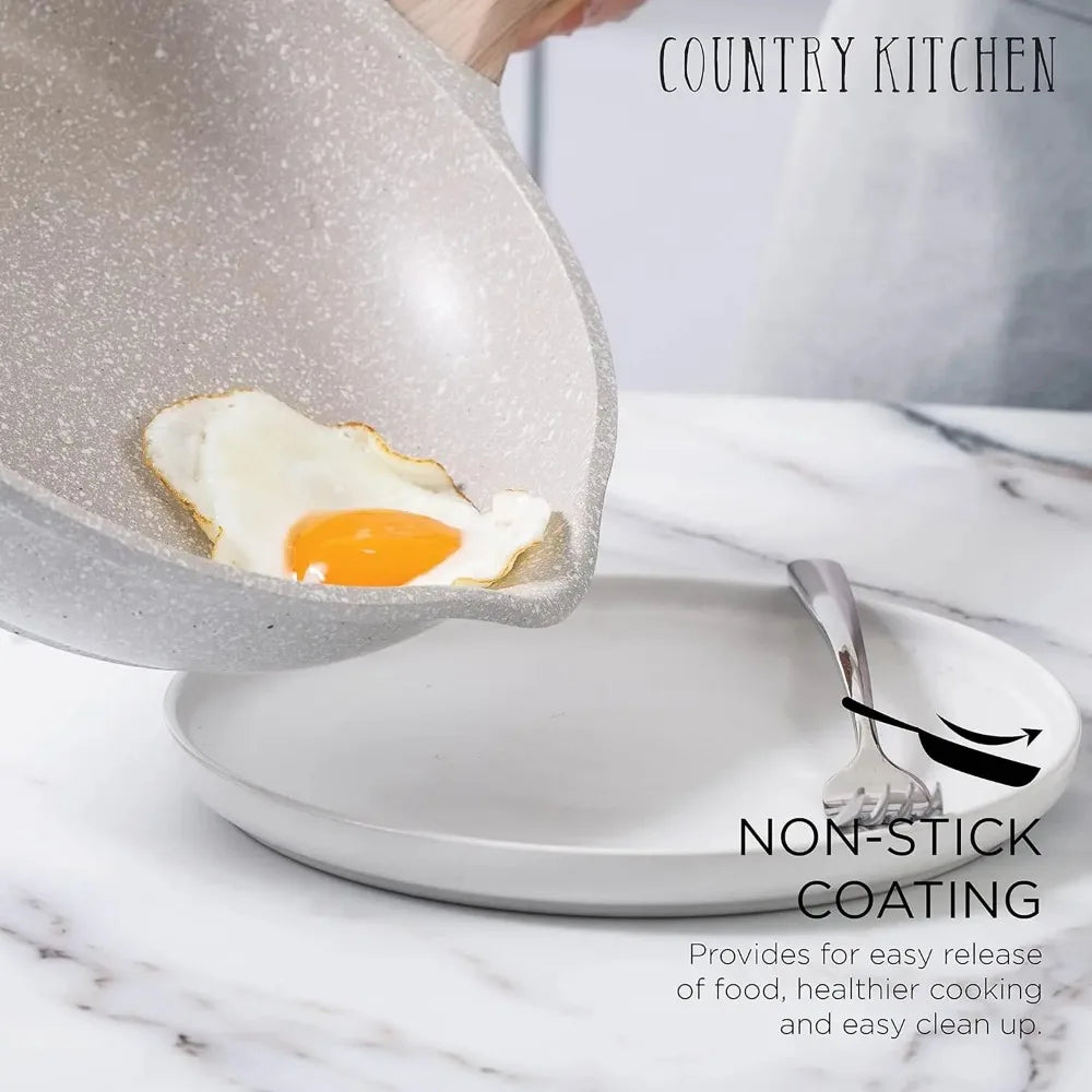 Cookware Sets Nonstick Cast Aluminum Pots and Pans with Glass Lids -Cream