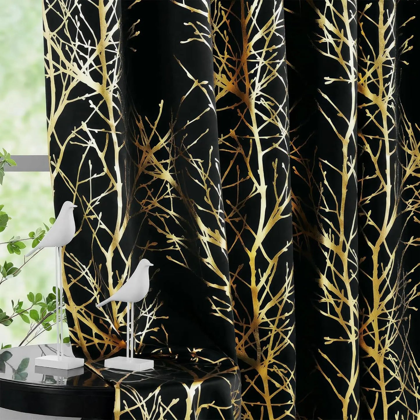 Blackout Curtains White Gold Tree for Living Room, 84 Inches Long Panels