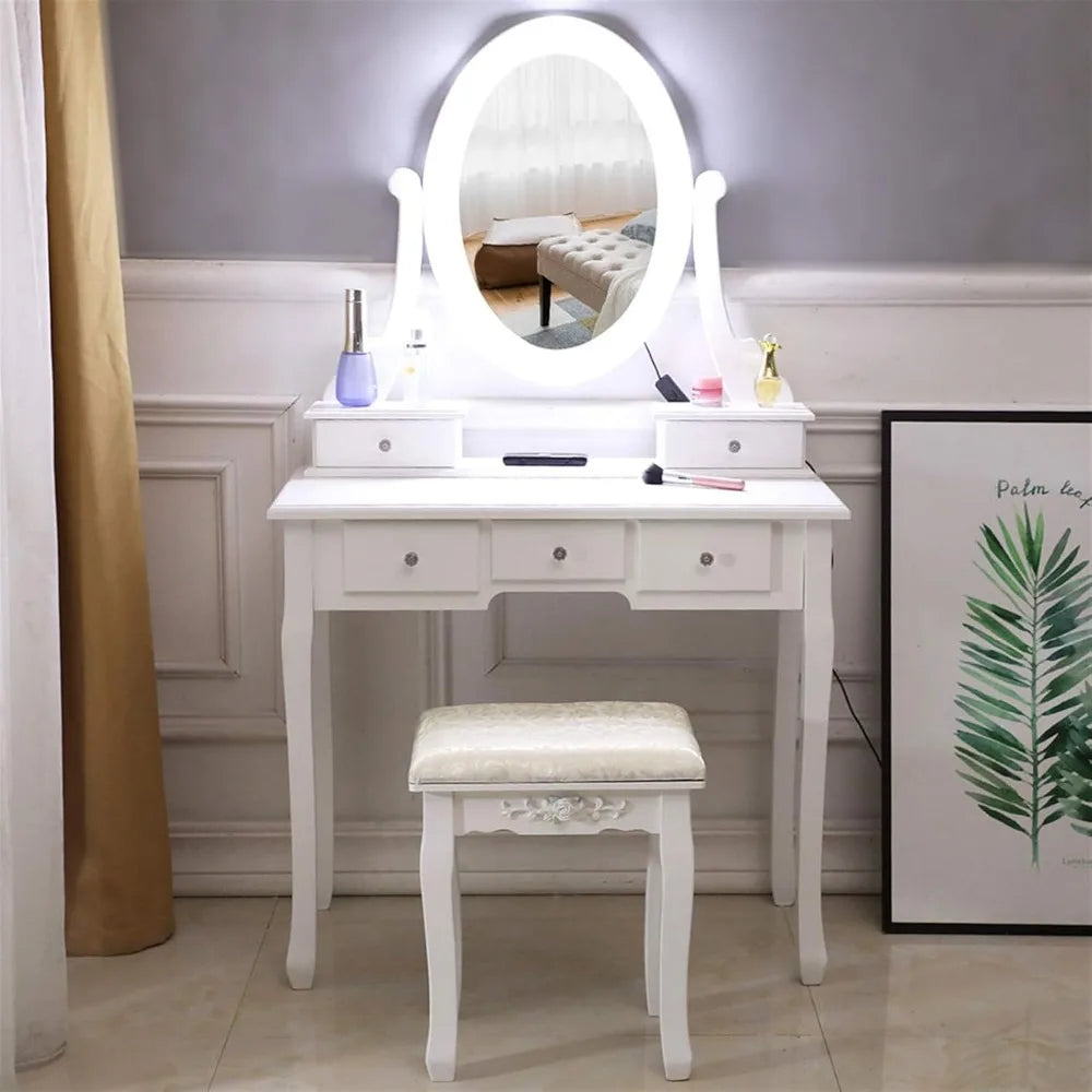 Table Set with Lighted Mirror, 5 Large Drawers for Women