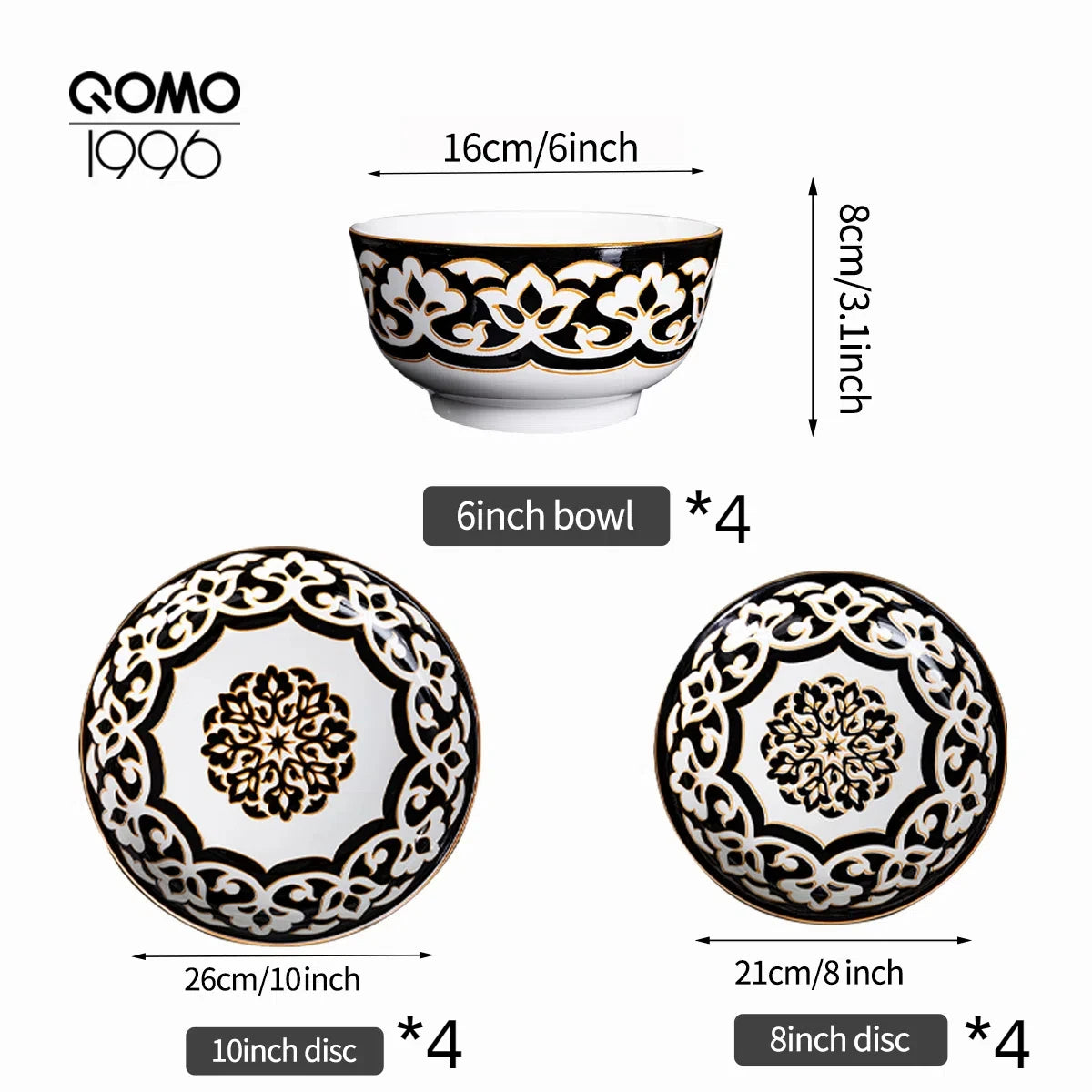 Black Patterns Ceramic Tableware Set Classic Porcelain Dinnerware Set Elegant Ceramic