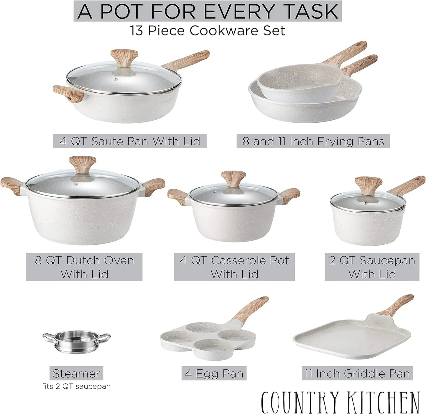 Cookware Sets Nonstick Cast Aluminum Pots and Pans with Glass Lids -Cream