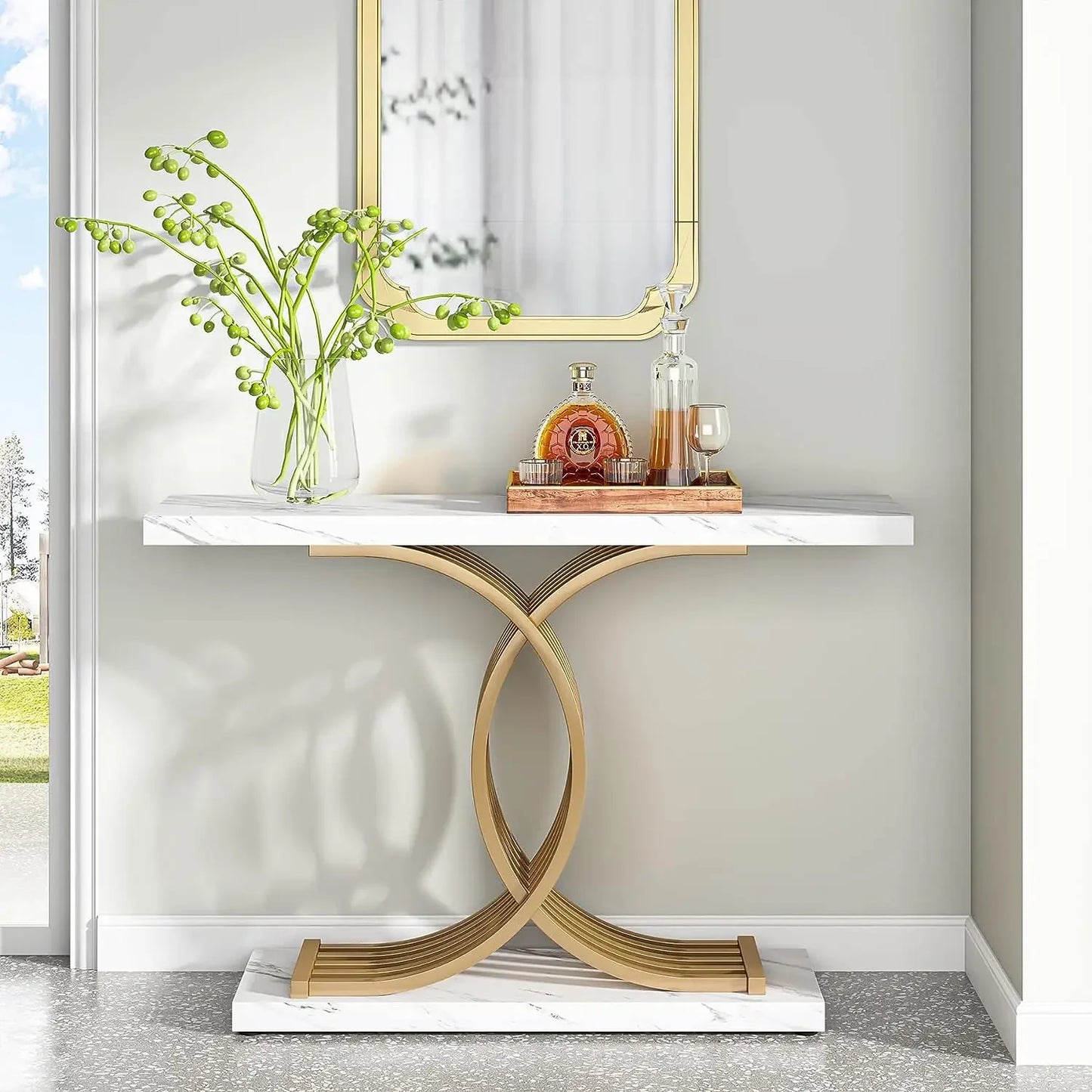 Gold Entryway Table, Modern Console Faux Marble Narrow Wood Sofa