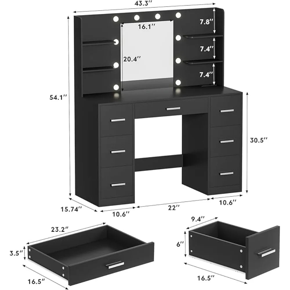 Vanity Desk with LED Lighted Mirror&Power Outlet 3 Model Lights Makeup Table