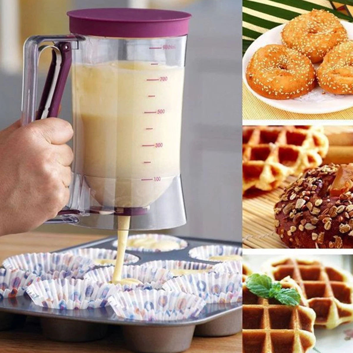 Batter Separator Pancake Dispenser with Measuring Label and Squeeze Handle.