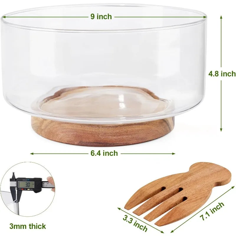 Large Salad Bowl Set, Glass Bowl with Acacia Wood Base and Salad Hands, Serving Bowls for Fruits,