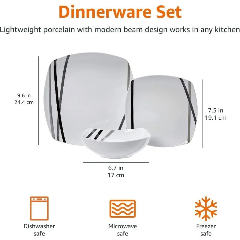Kitchen Dinnerware Set - Square Plates, Bowls,Service for 6 - Modern Beams