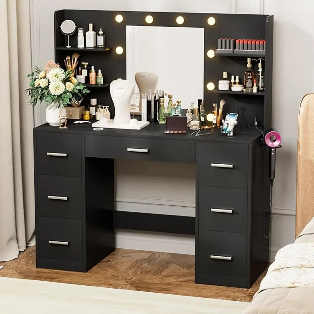 Vanity Desk with LED Lighted Mirror&Power Outlet 3 Model Lights Makeup Table