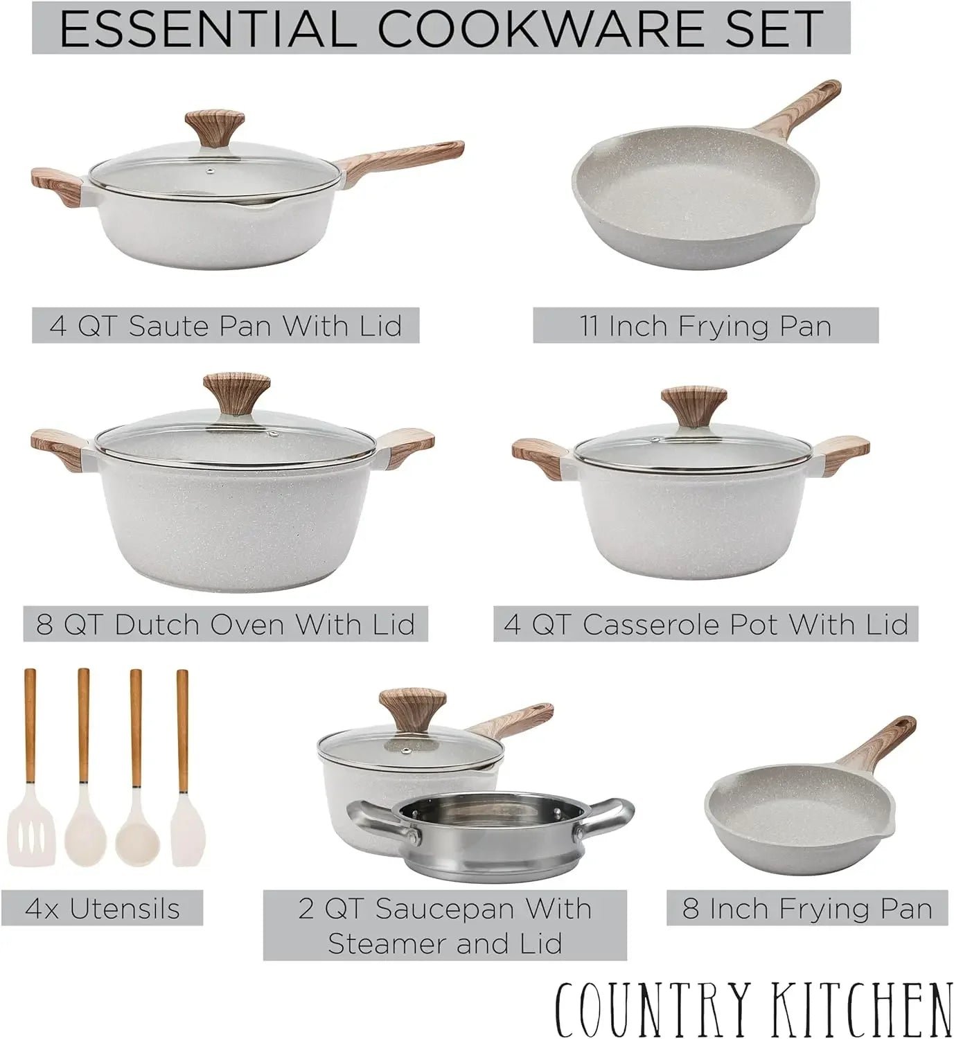 Cookware Sets Nonstick Cast Aluminum Pots and Pans with Glass Lids -Cream