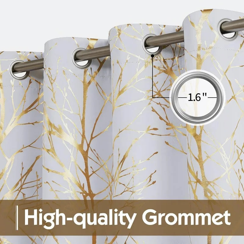 Blackout Curtains White Gold Tree for Living Room, 84 Inches Long Panels