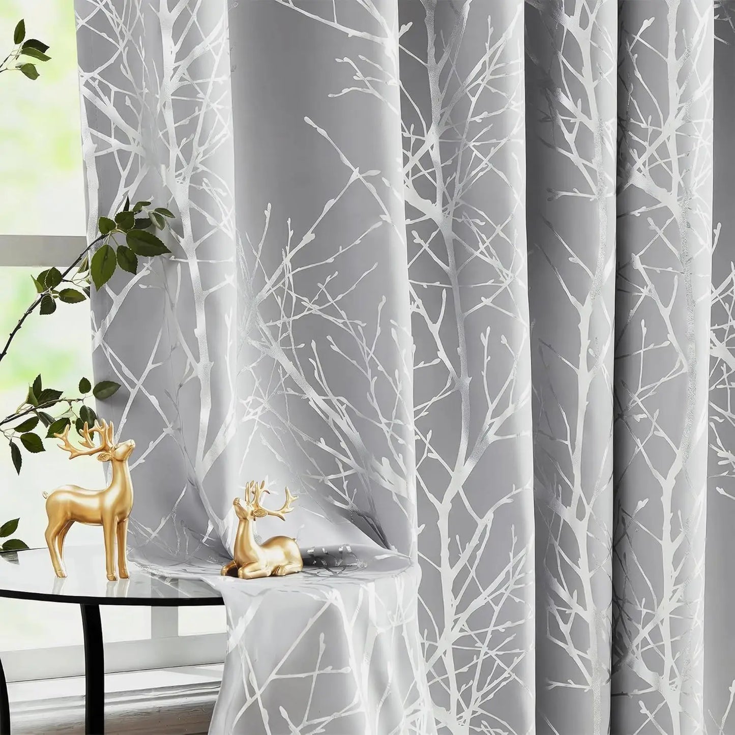 Blackout Curtains White Gold Tree for Living Room, 84 Inches Long Panels
