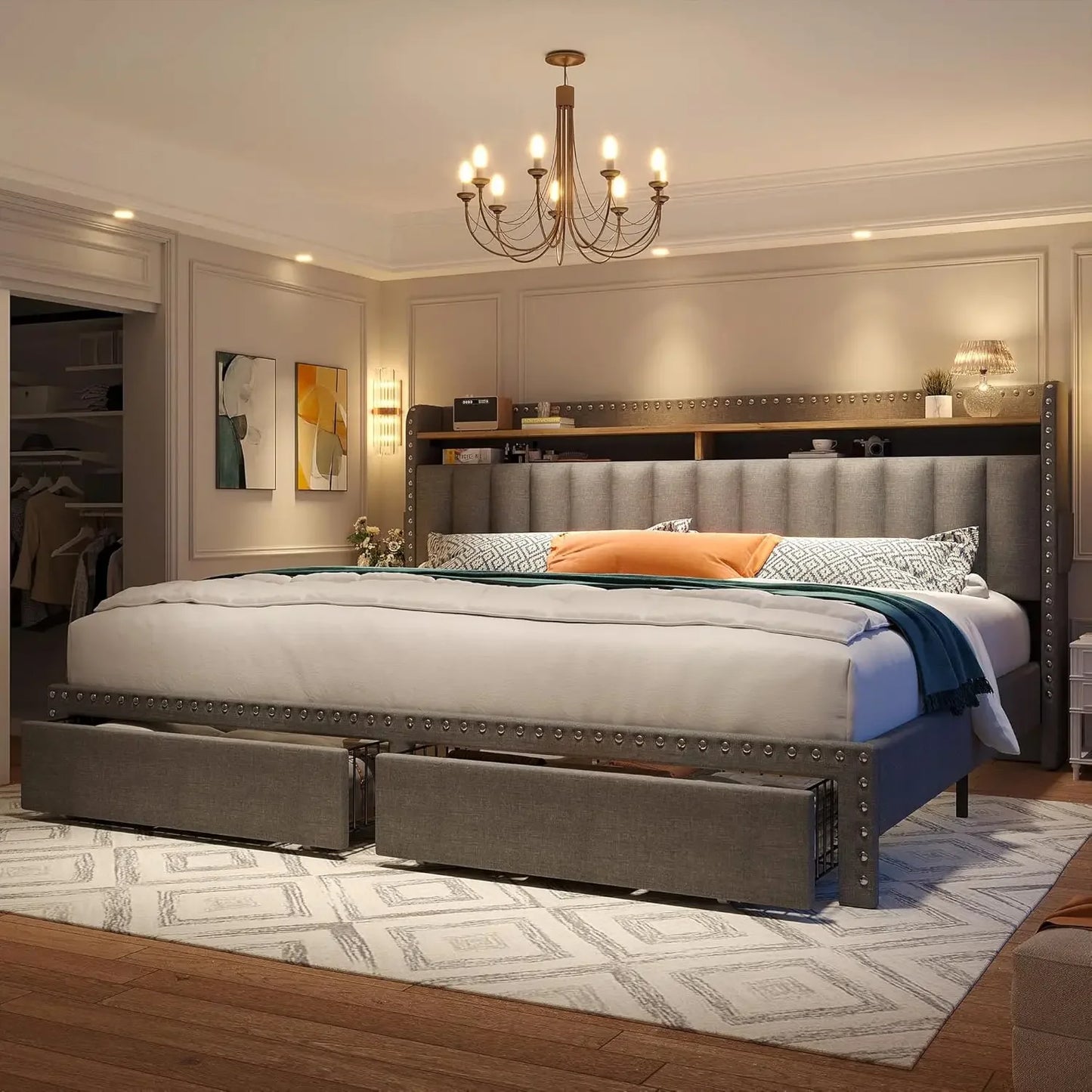 King Size Bed Frame with Storage and Headboard, with 2 Draw