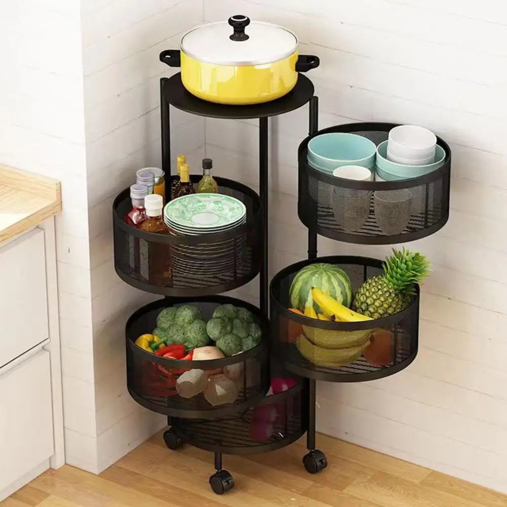 Kitchen Cart, Circular Rotating Basket, Large Storage Rack with Wheels, Fruit Vegetable