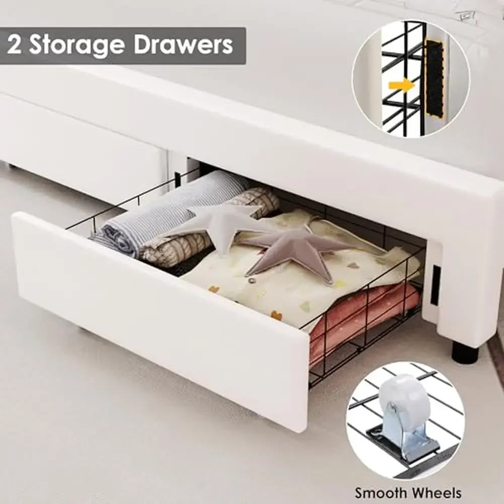 Queen Bed Frame with Storage Crown Crystal Button Tufted Princess Platform Modern White