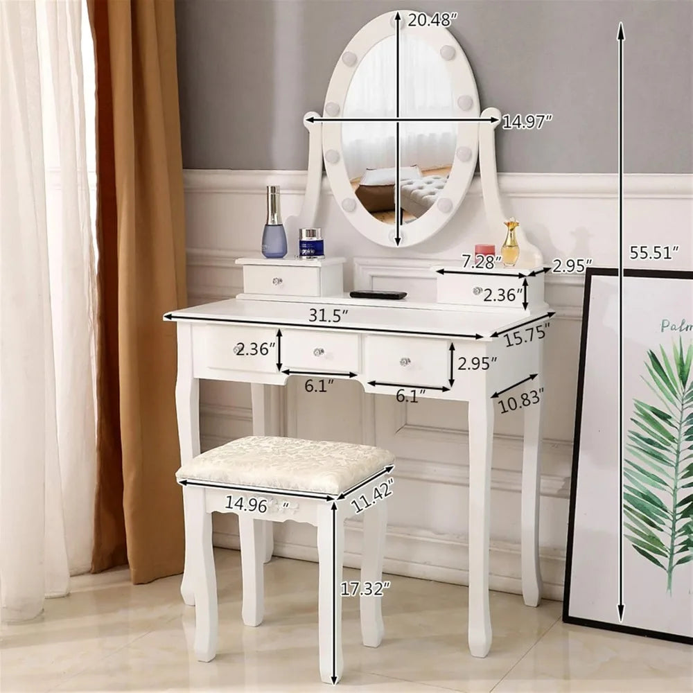 Table Set with Lighted Mirror, 5 Large Drawers for Women