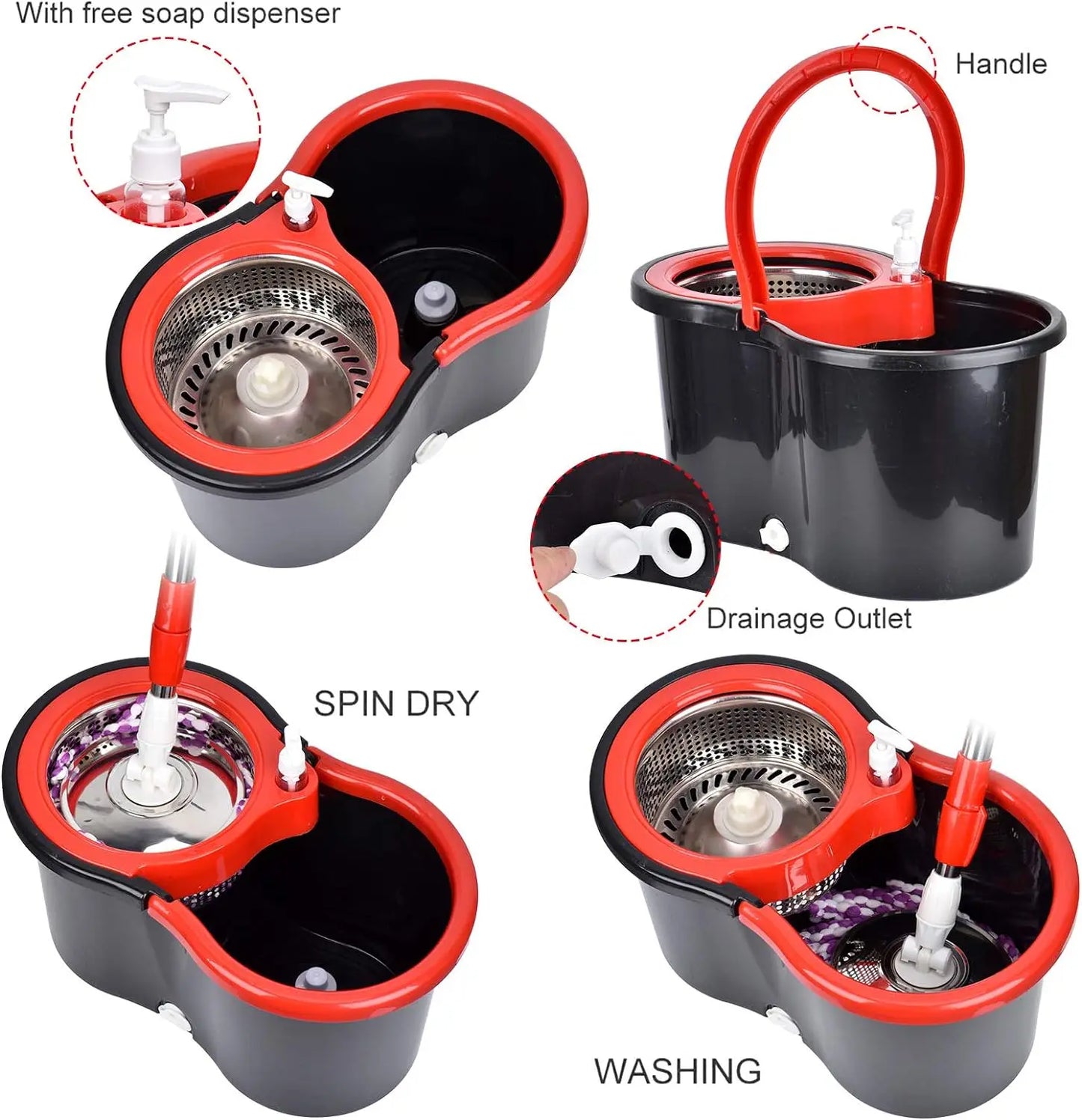 Spin Mop Bucket Sets with Wring System Microfiber Heads, Stainless