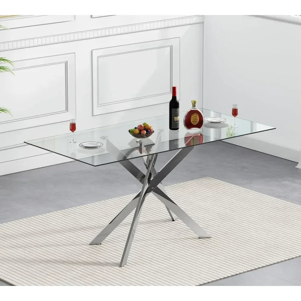 Rectangular Glass Dining Table Kitchen Metal Legs,Dining Table