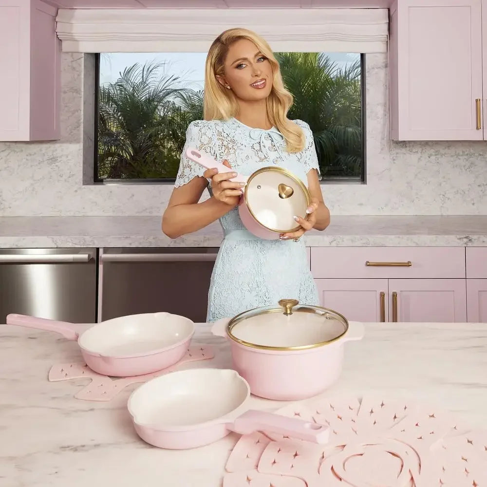 Heart Knob Aluminum Nonstick Cookware Set Pink Glass Lid Protectors