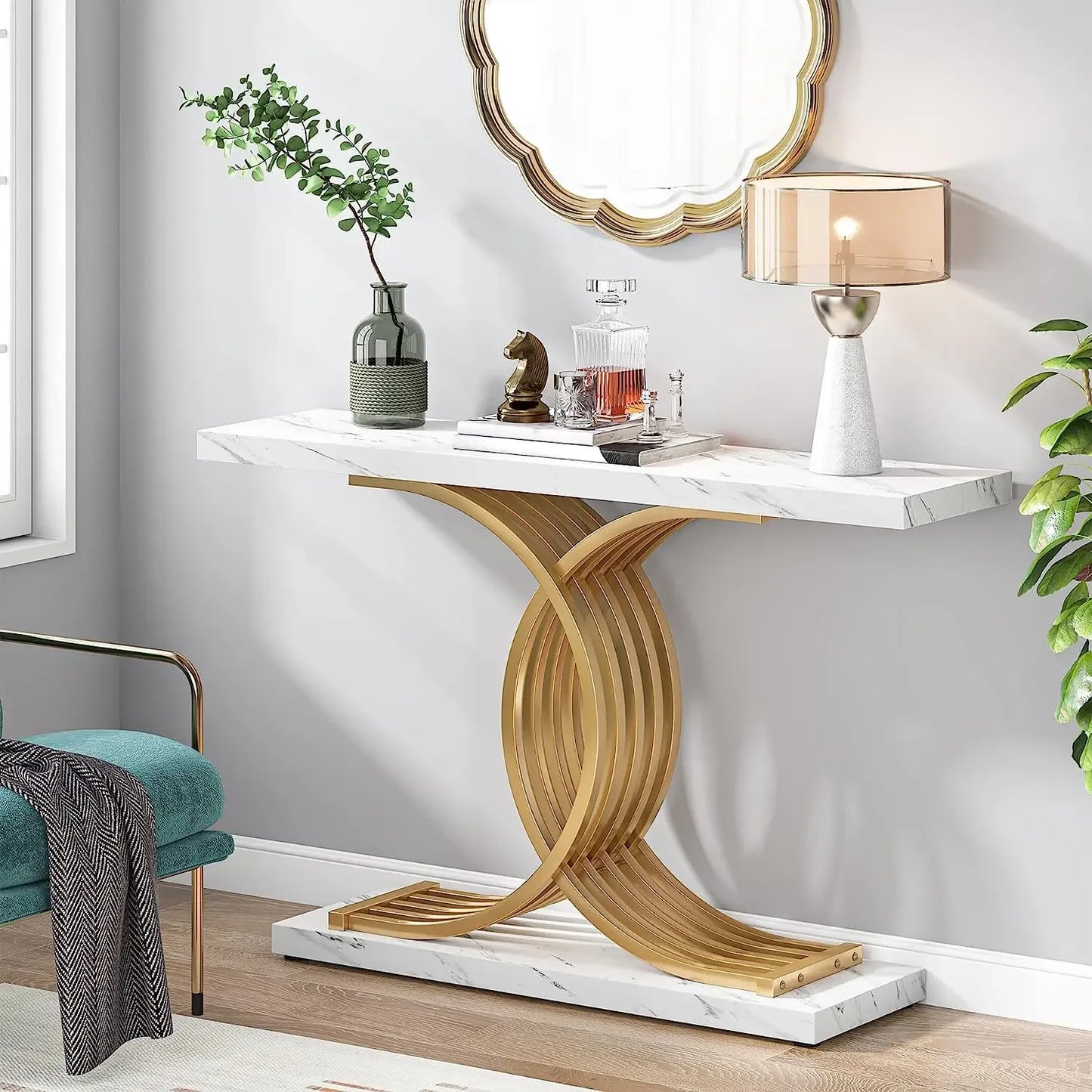 Gold Entryway Table, Modern Console Faux Marble Narrow Wood Sofa