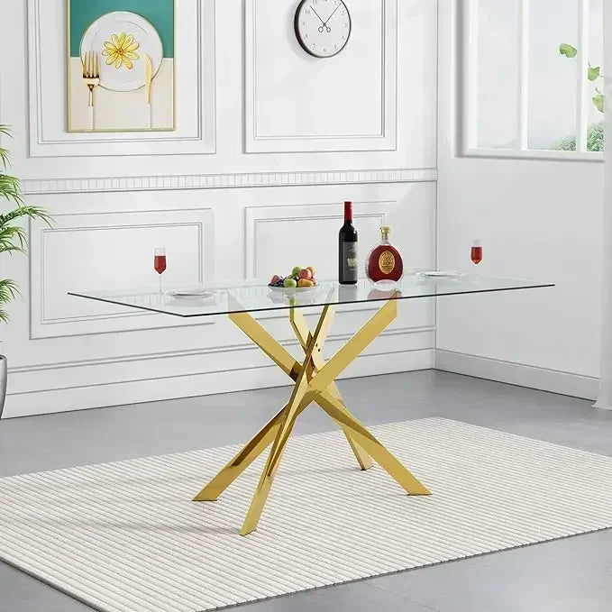 Rectangular Glass Dining Table Kitchen Metal Legs,Dining Table