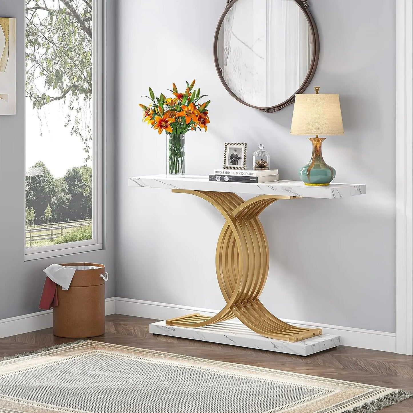 Gold Entryway Table, Modern Console Faux Marble Narrow Wood Sofa