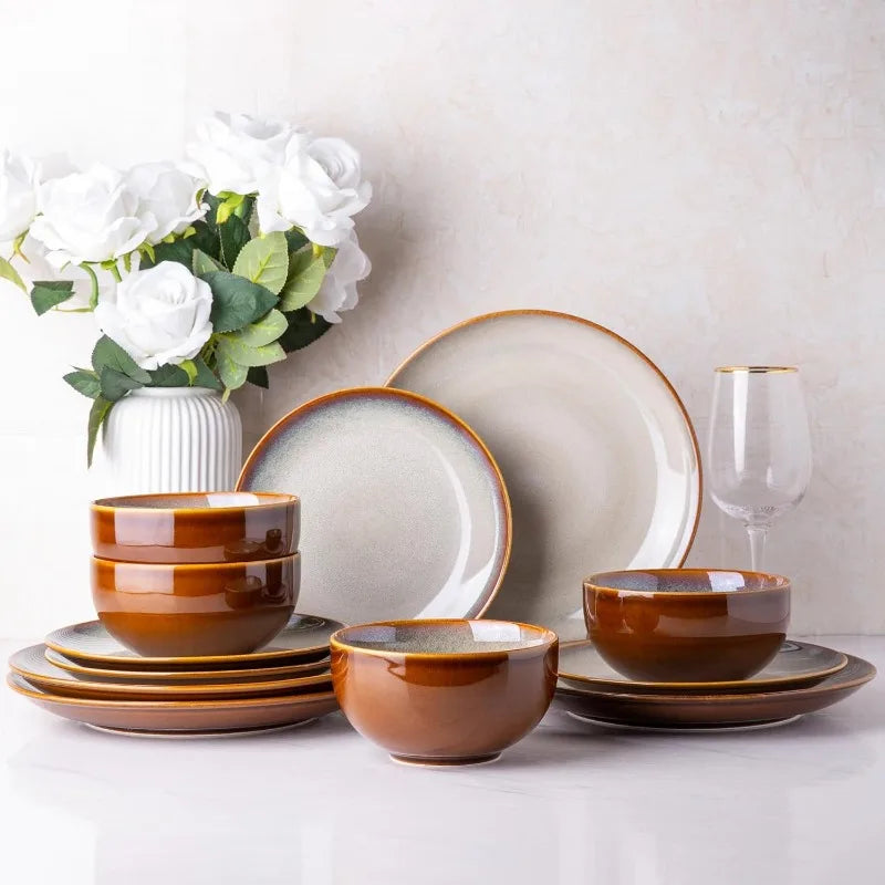 Ceramic Dinnerware Sets,Handcraft Wavy Rim Stoneware Plates and Bowls Sets,Crack Resistant