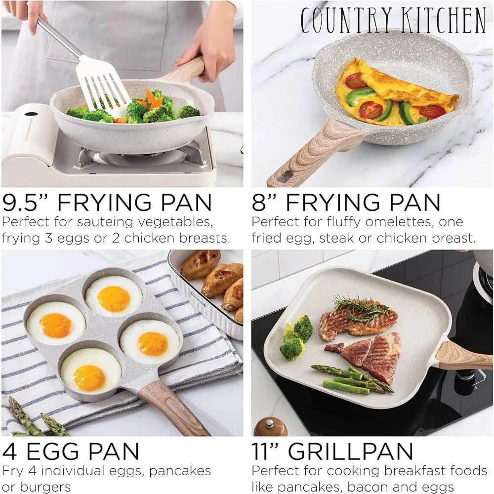Cookware Sets Nonstick Cast Aluminum Pots and Pans with Glass Lids -Cream