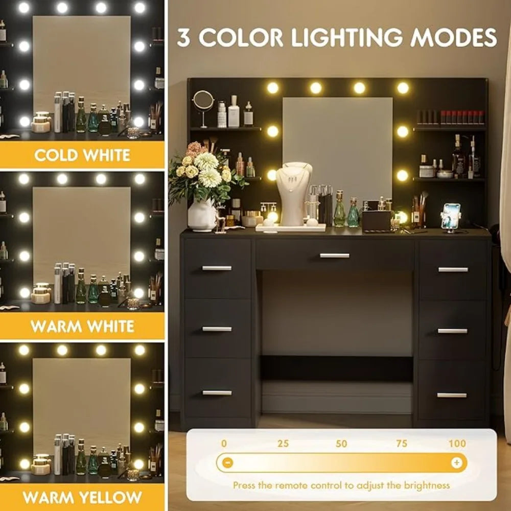 Vanity Desk with LED Lighted Mirror&Power Outlet 3 Model Lights Makeup Table