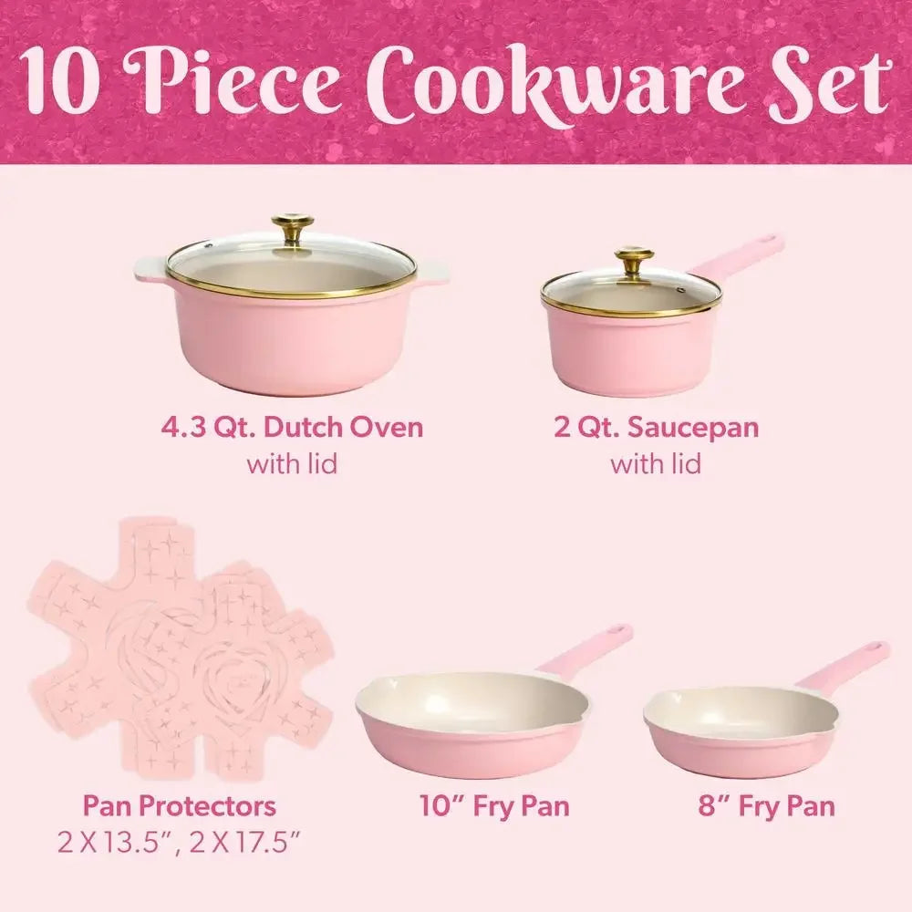 Heart Knob Aluminum Nonstick Cookware Set Pink Glass Lid Protectors