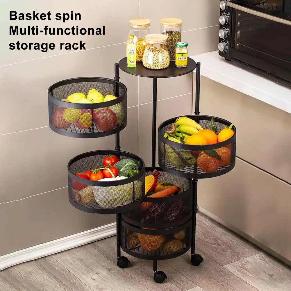 Kitchen Cart, Circular Rotating Basket, Large Storage Rack with Wheels, Fruit Vegetable