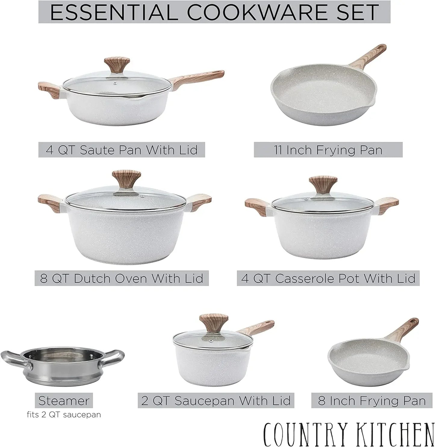 Cookware Sets Nonstick Cast Aluminum Pots and Pans with Glass Lids -Cream