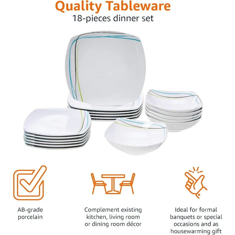 Kitchen Dinnerware Set - Square Plates, Bowls,Service for 6 - Modern Beams