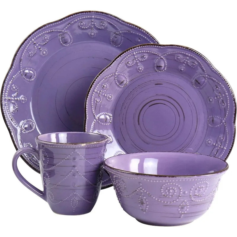 Rustic Birch 16 Piece Stoneware Dinnerware Set in Purple, Purple with Brown Accents