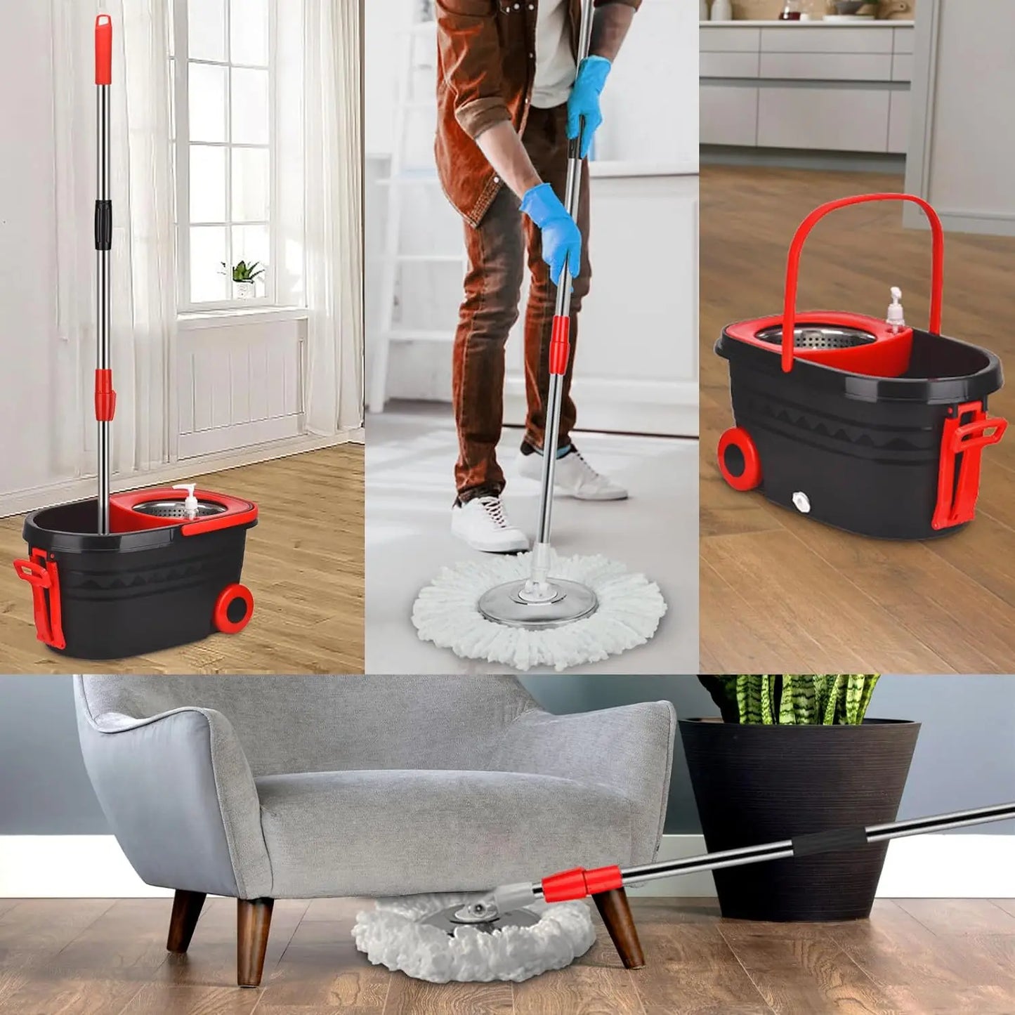 Spin Mop Bucket Sets Wrings System, with Wheels and Extendable