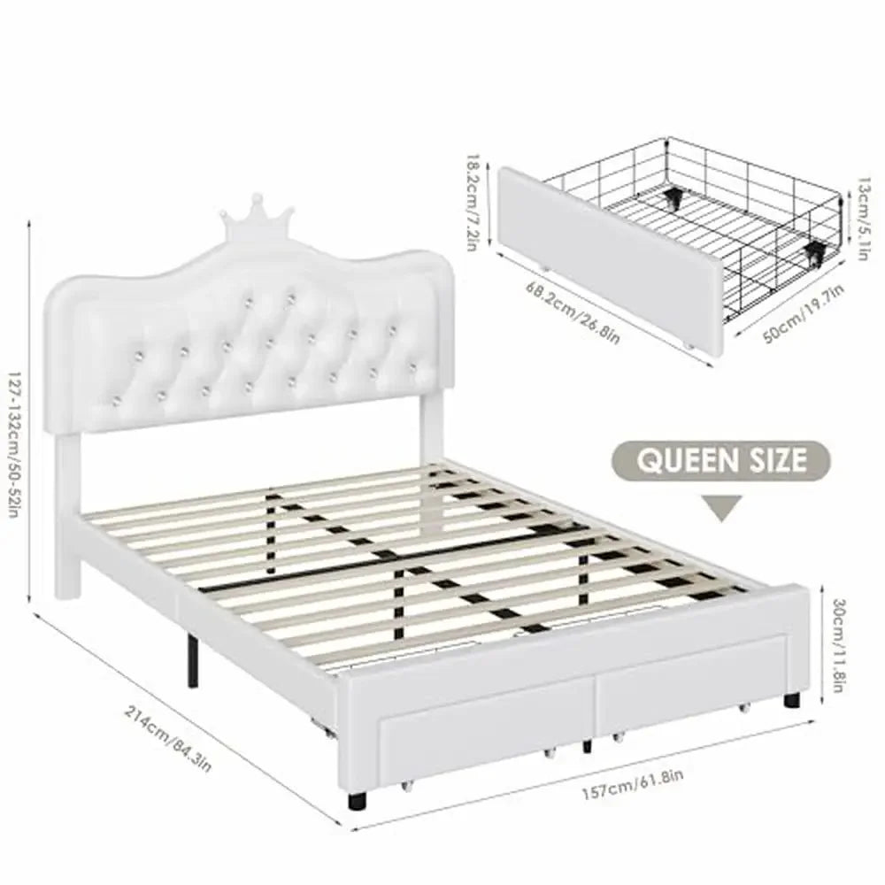 Queen Bed Frame with Storage Crown Crystal Button Tufted Princess Platform Modern White